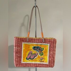 ❣️ Pink Woven Orange Palm Beach Tote Bag by Sun N Sand EUC